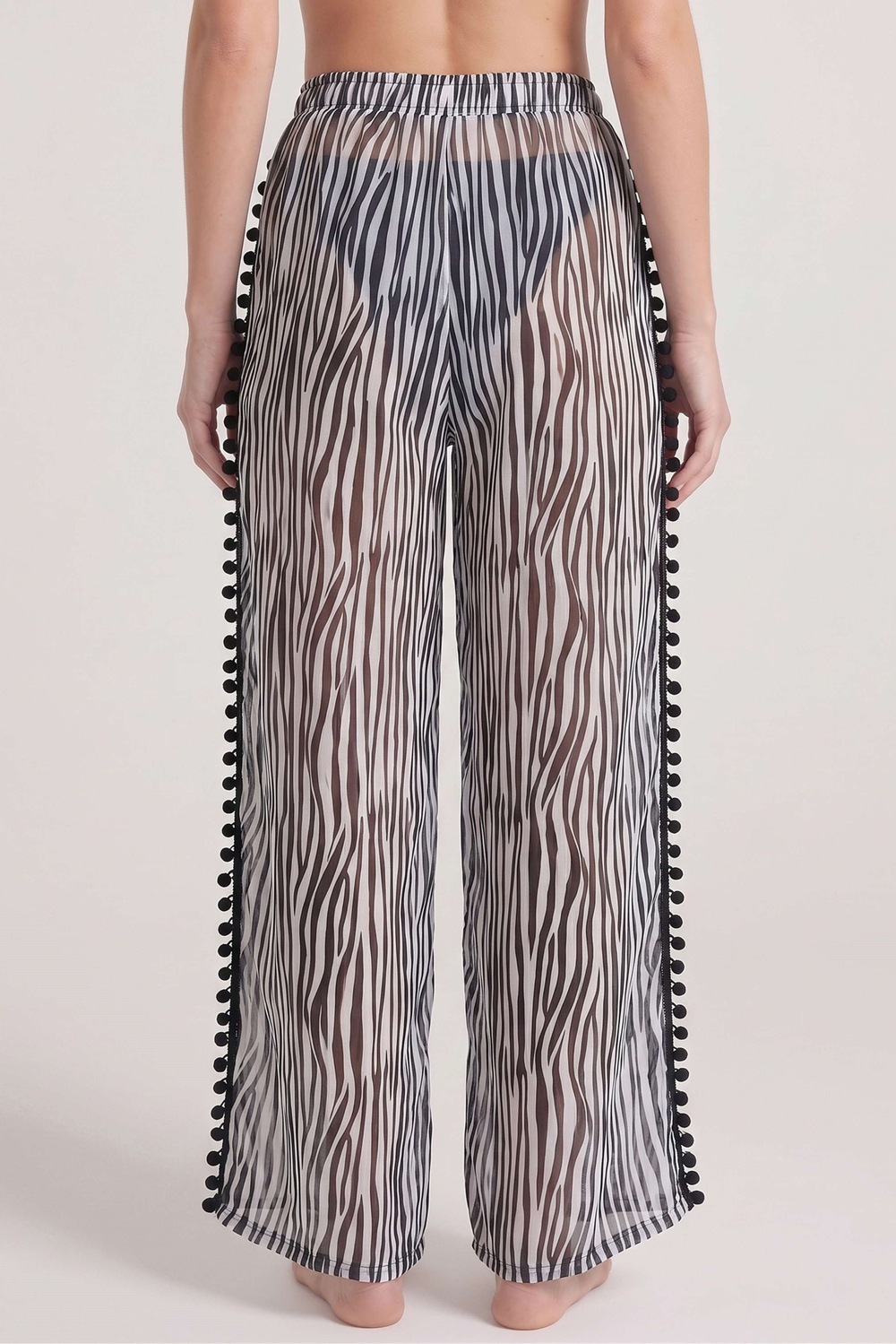 Kadın Zebra Desen Ponpon Detaylı Yırtmaçlı Pantolon Pareo