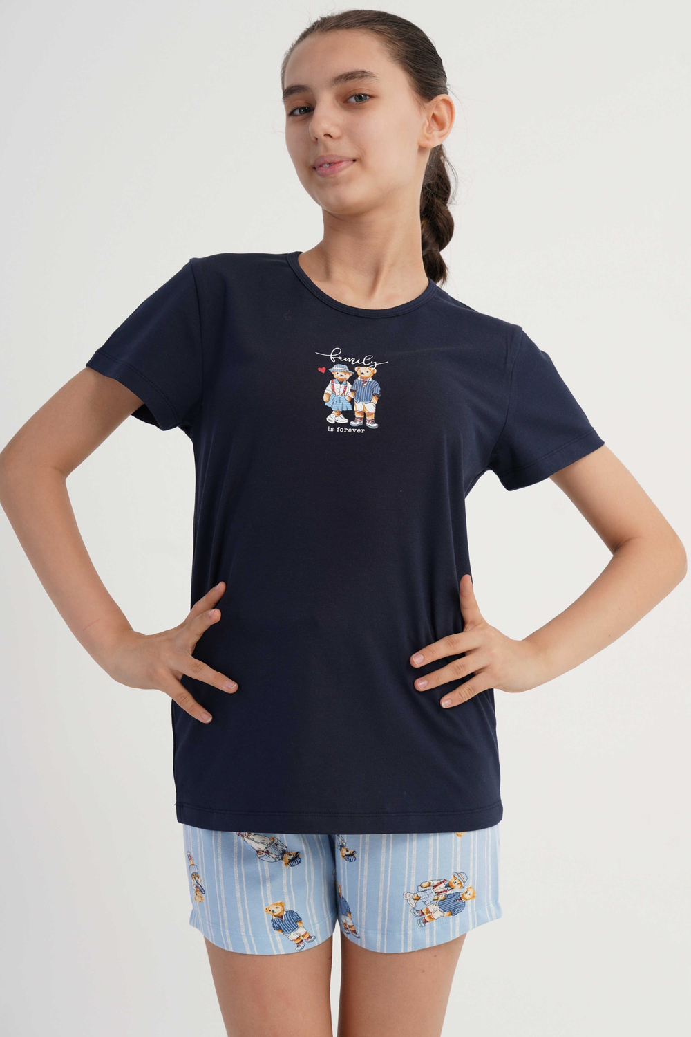 Kız Çocuk Lacivert Lyc Suprem O Yaka Sısa Kol Pijama Üstü