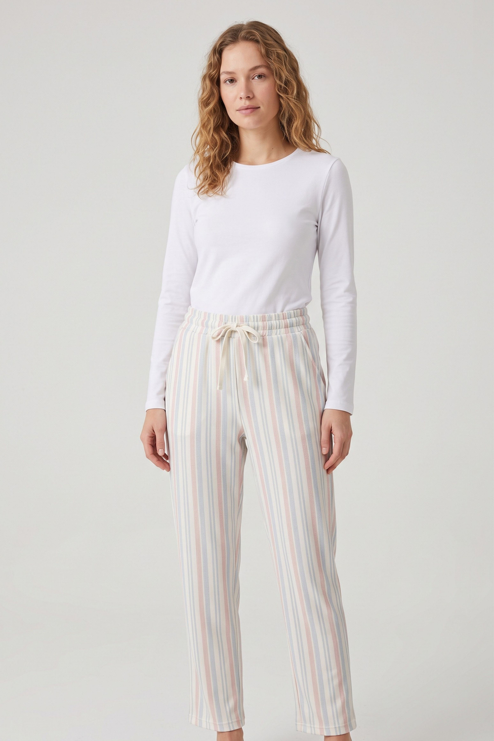 Kadın Bej Çizgili Comfort Pijama Altı