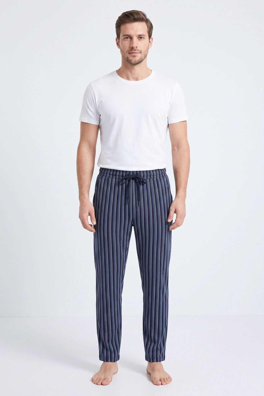Erkek Lacivert Beyaz Çizgili Baskılı Penye Modal Pijama Altı