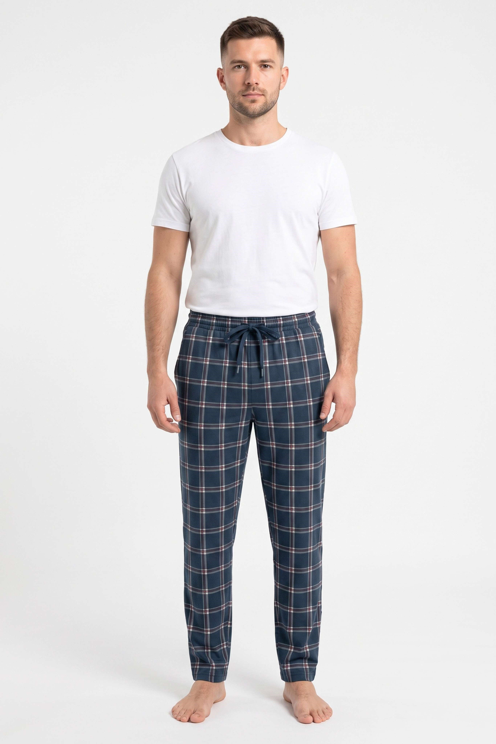Erkek Lacivert Ekose Desen Baskılı Penye Modal Pijama Altı