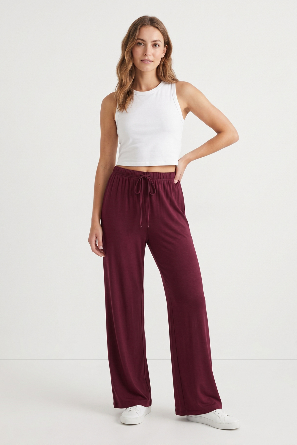 Kadın Mürdüm Beli Lastikli Bağcıklı Bol Paça Pantolon