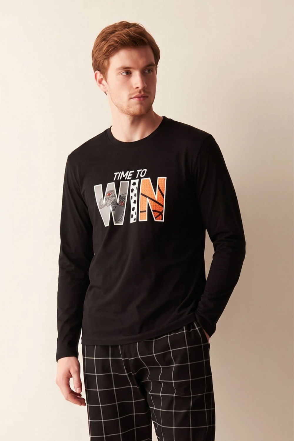 Erkek Siyah Win Uzun Kol Pijama Üstü