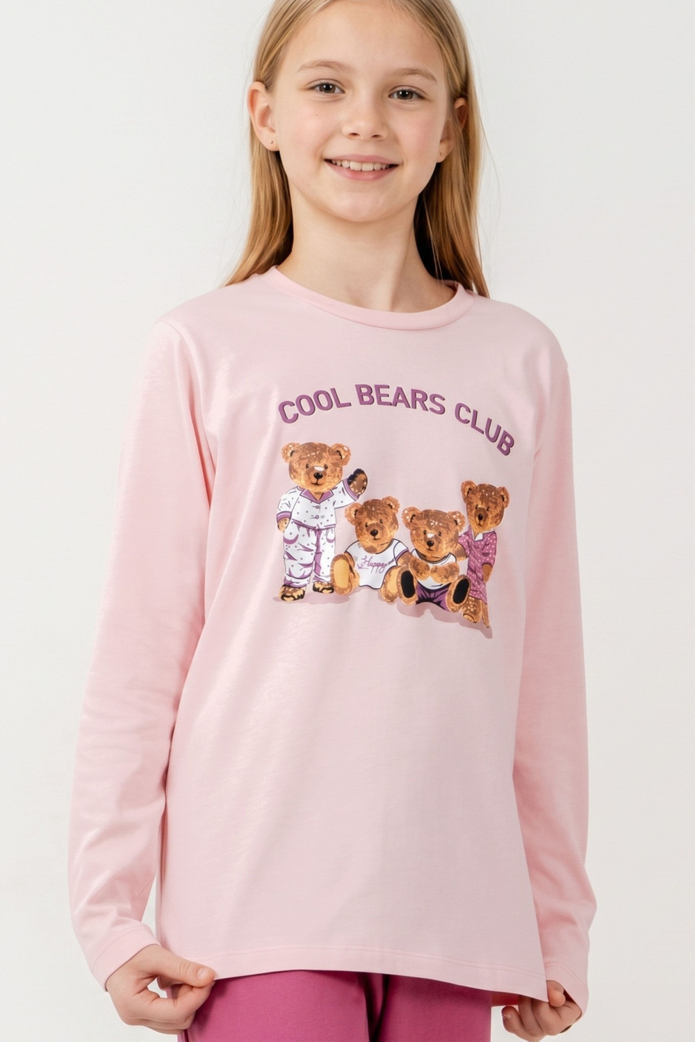 Kız Çocuk Pembe Ayıcık Desenli Pijama Üstü