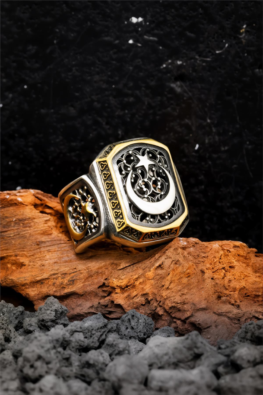 925 Ayar Gümüş Ayyıldız Motifli Telkari İşlemeli Erkek Yüzük