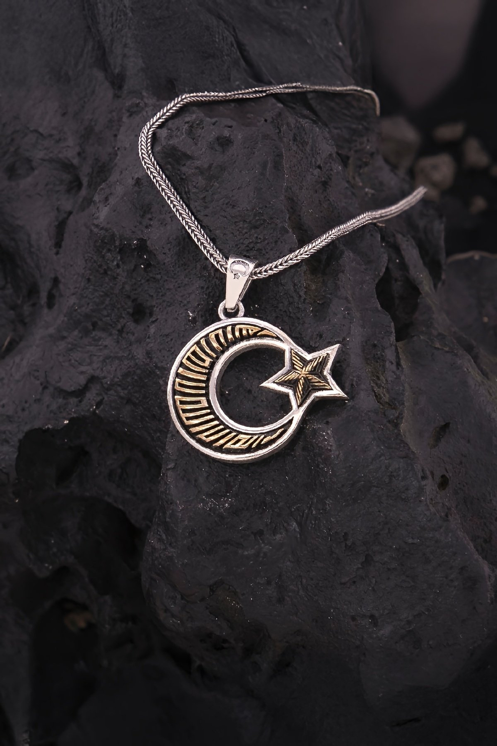 925 Ayar Gümüş Bronz Süslemeli Ayyıldız Erkek Kolye