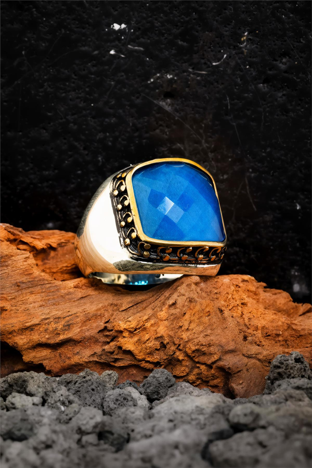 925 Ayar Gümüş Fasetli Mavi Taşlı Erkek Yüzük