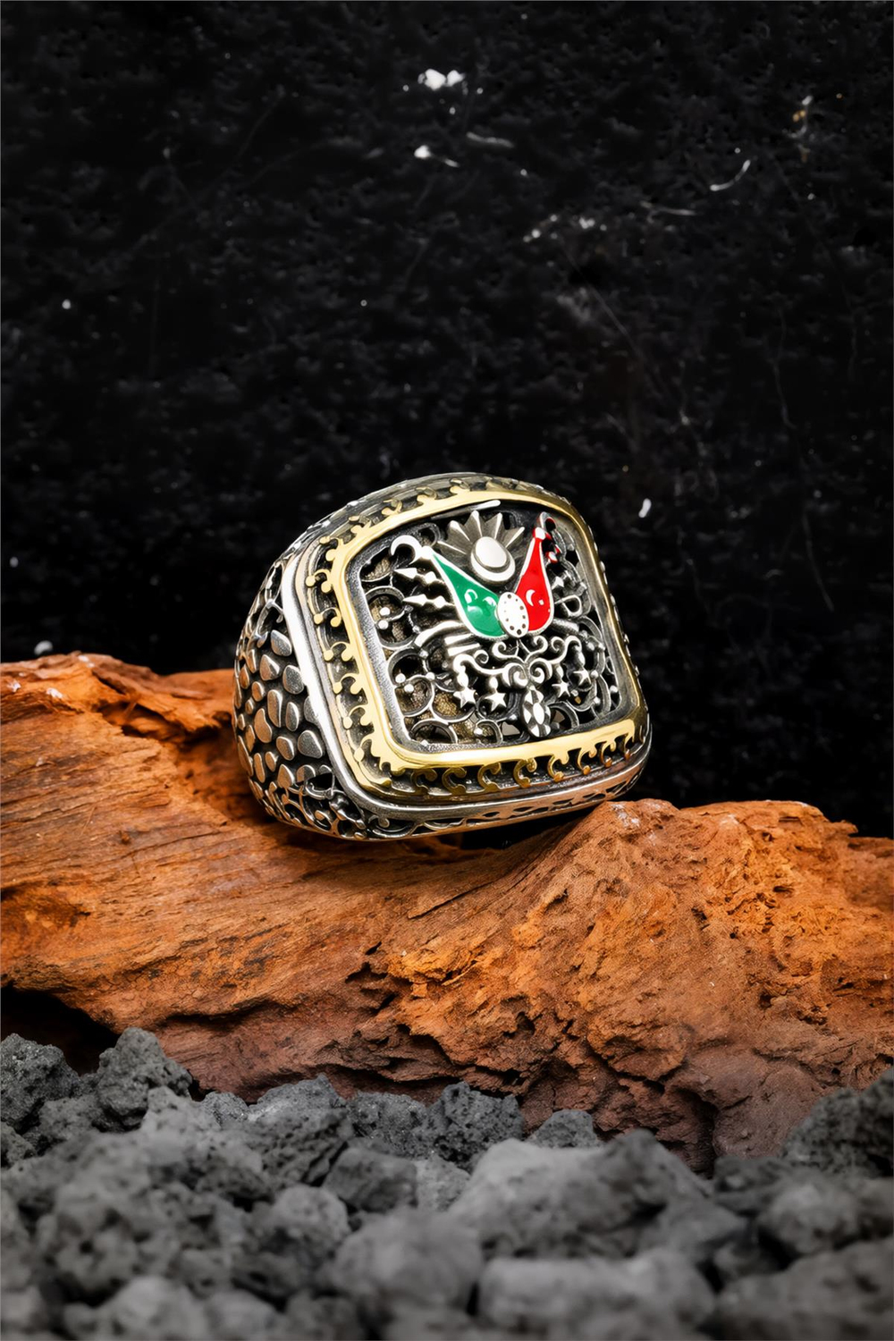 925 Ayar Gümüş Karartmalı Telkari Desenli Osmanlı Devlet Arması Erkek Yüzük
