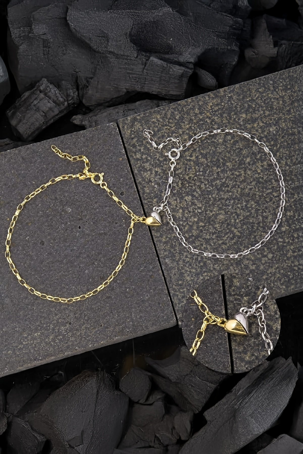 925 Ayar Gümüş Rodyum Gold Mıknatıslı Çift Kalp Aşk Bileklik