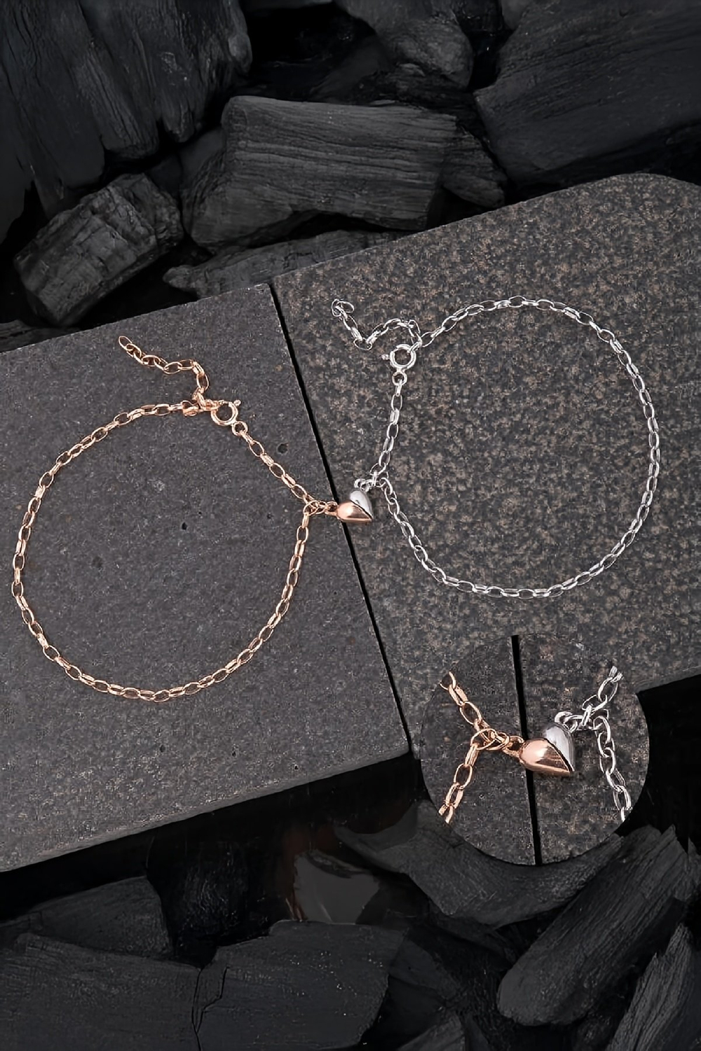 925 Ayar Gümüş Rodyum Rose Mıknatıslı Çift Kalp Aşk Bileklik