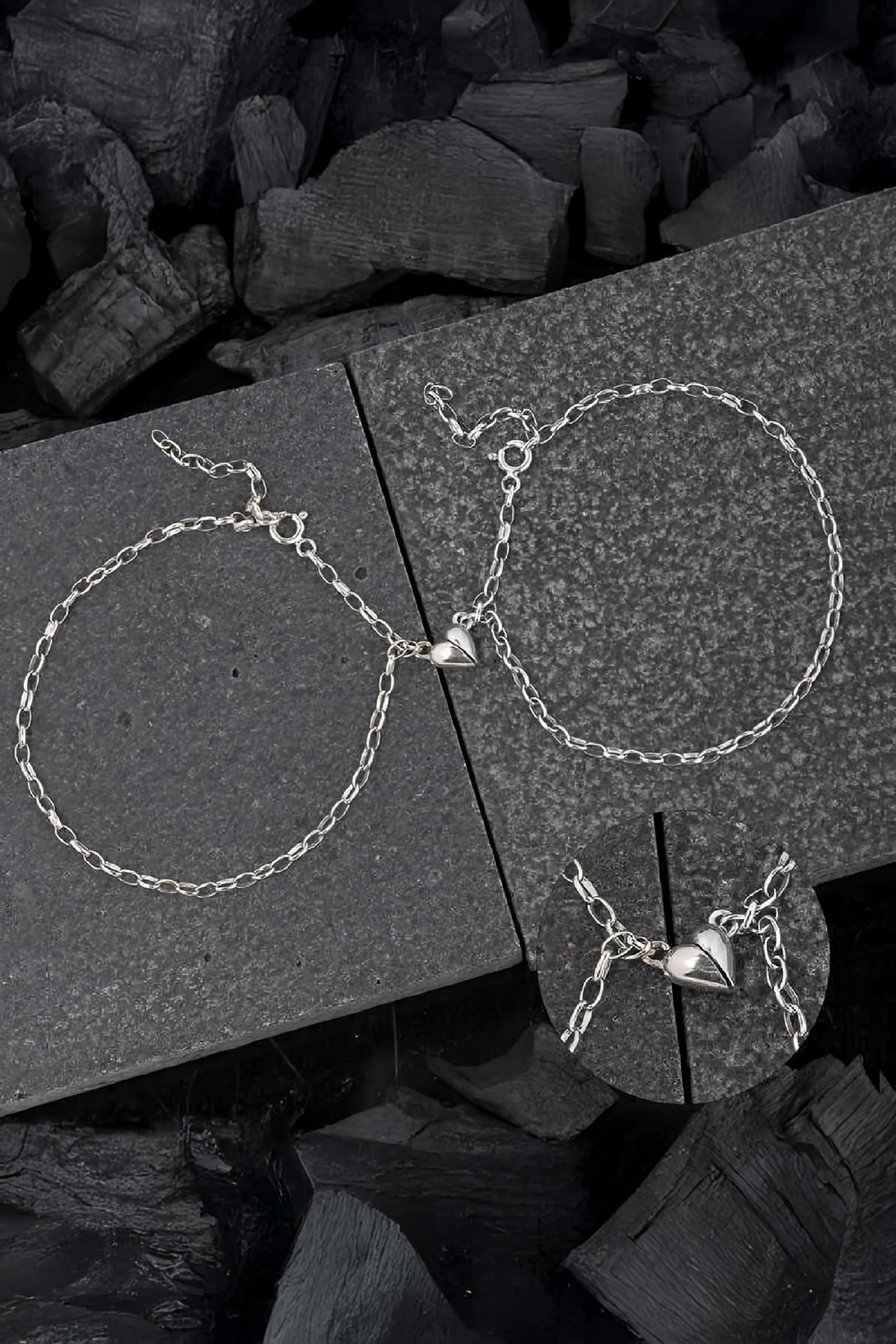 925 Ayar Gümüş Rodyumlu Mıknatıslı Çift Kalp Aşk Bileklik