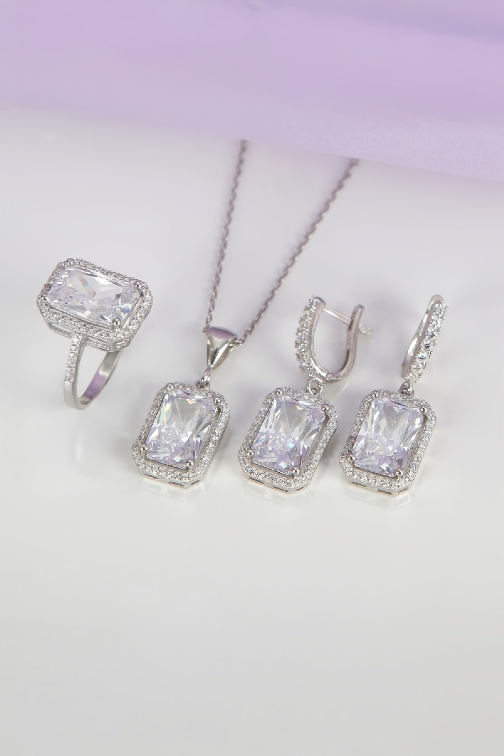 925 Ayar Gümüş Zirkon Taşlı Rodyumlu Bayan Takı Seti