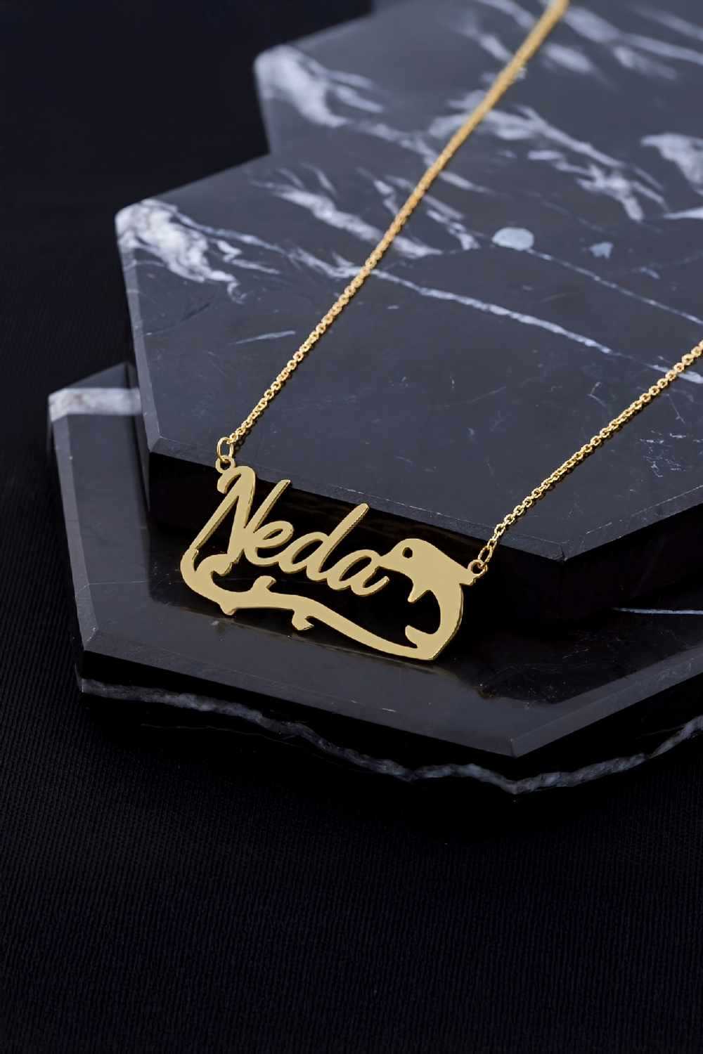 Altın Kaplama Yunus Motifli Çift İsimli Gümüş Bayan Kolye