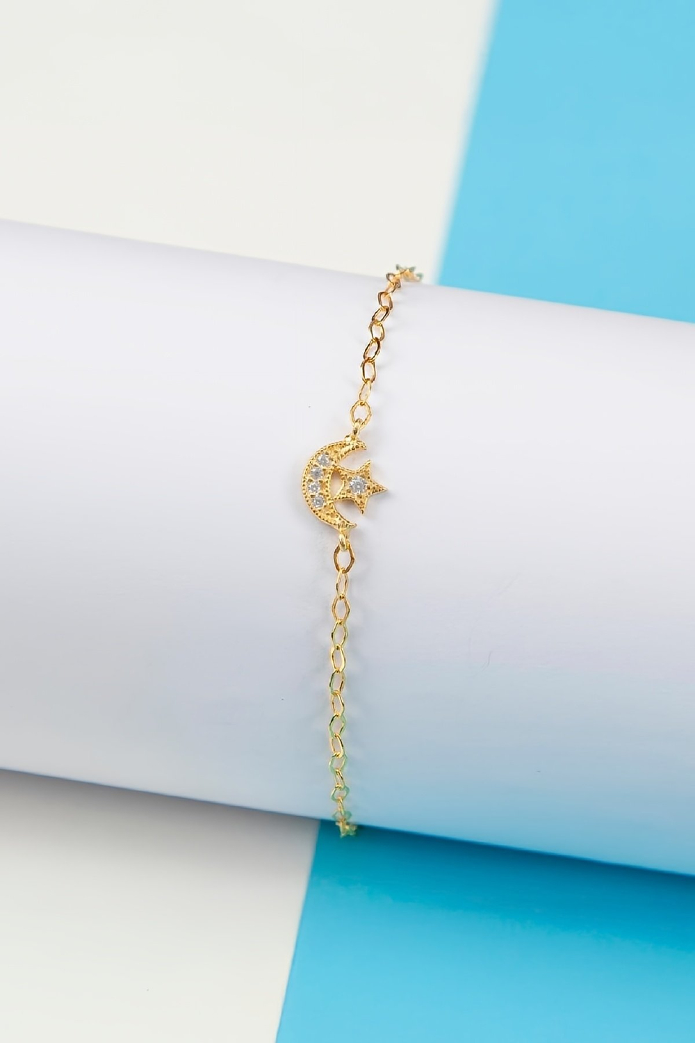 Altın Kaplama Zirkon Taşlı 925 Ayar Gümüş Minimal Ayyıldız Bayan Bileklik
