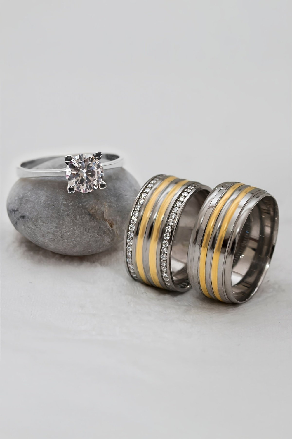 Altın Renk Geçişli Yedi Şerit Çift Gümüş Alyans (Tektaş Hediyeli)