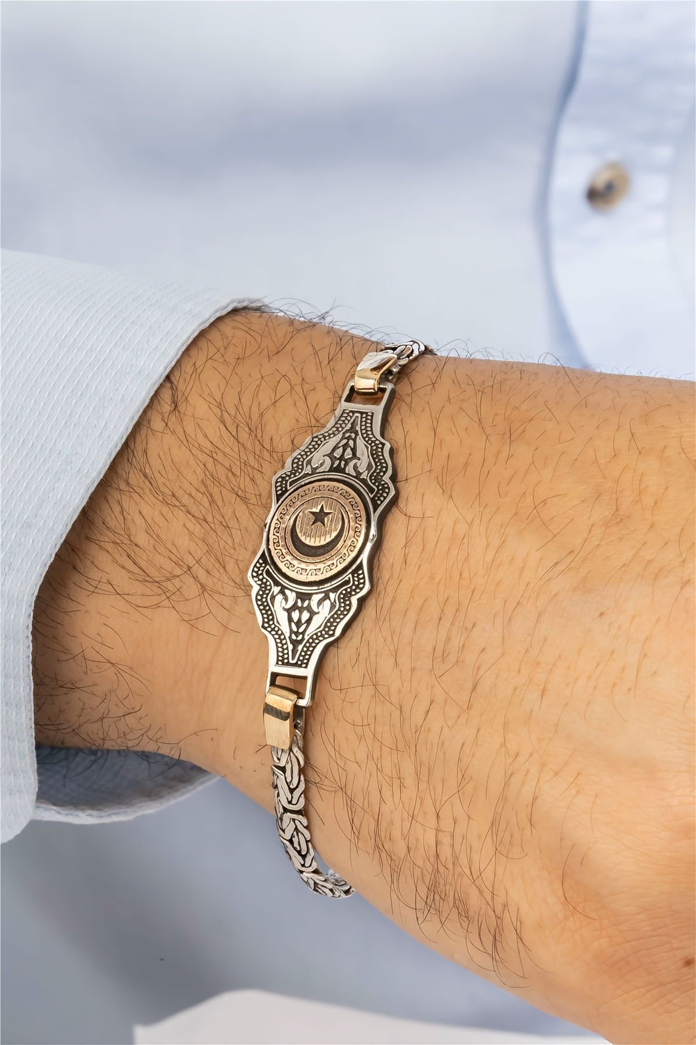 Ay Yıldızlı İşlemeli Plaka Gümüş Erkek Bileklik