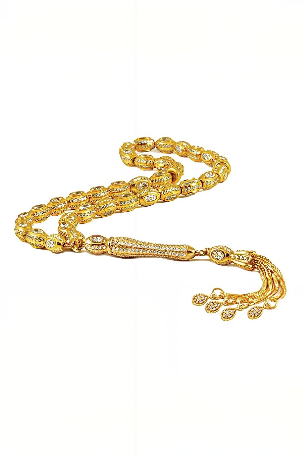 Beyaz Zirkon Taşlı Altın Renk Gümüş Tesbih