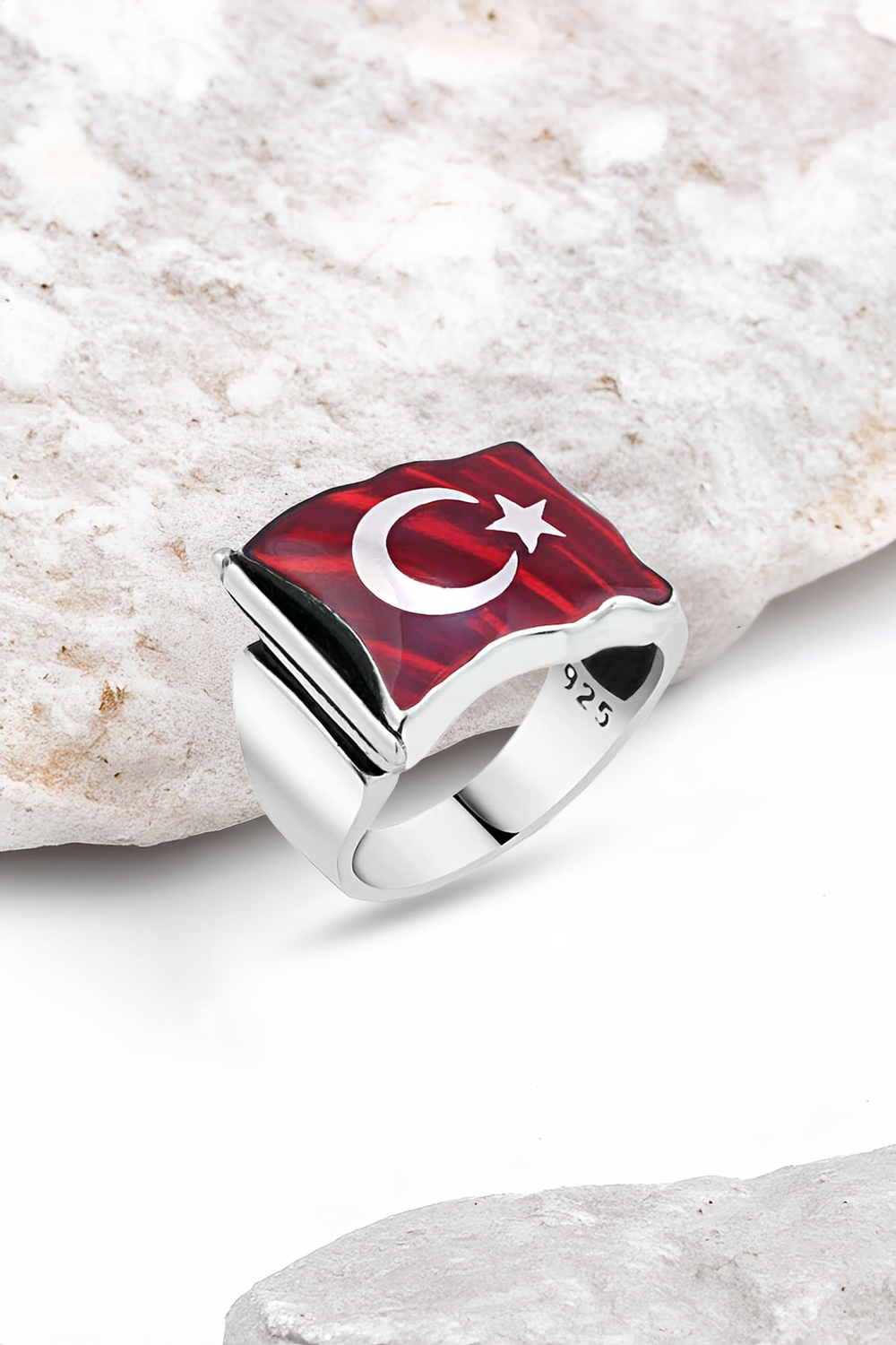 Dalgalı Bayrak Desenli Gümüş Erkek Yüzük