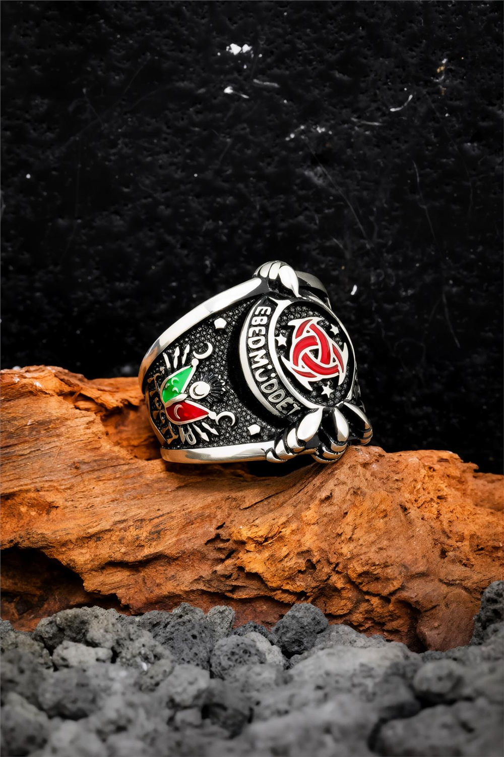 Devleti Ebed Müddet Yazılı Mineli 925 Ayar Gümüş Erkek Yüzük