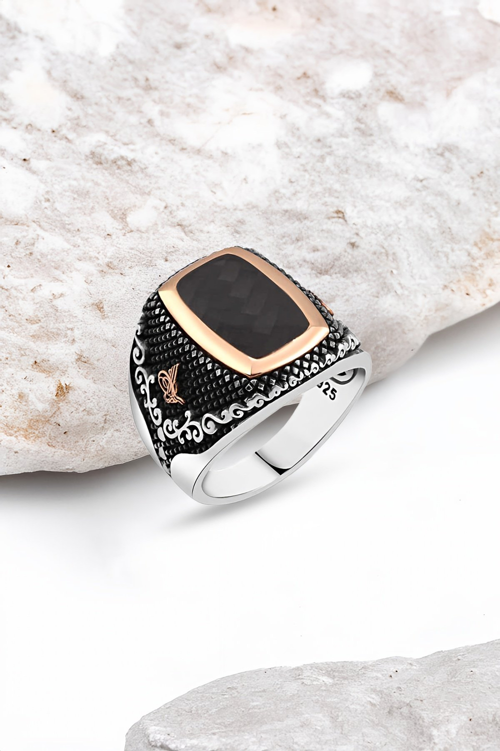 Düz Onix Taşlı Gümüş Erkek Yüzük