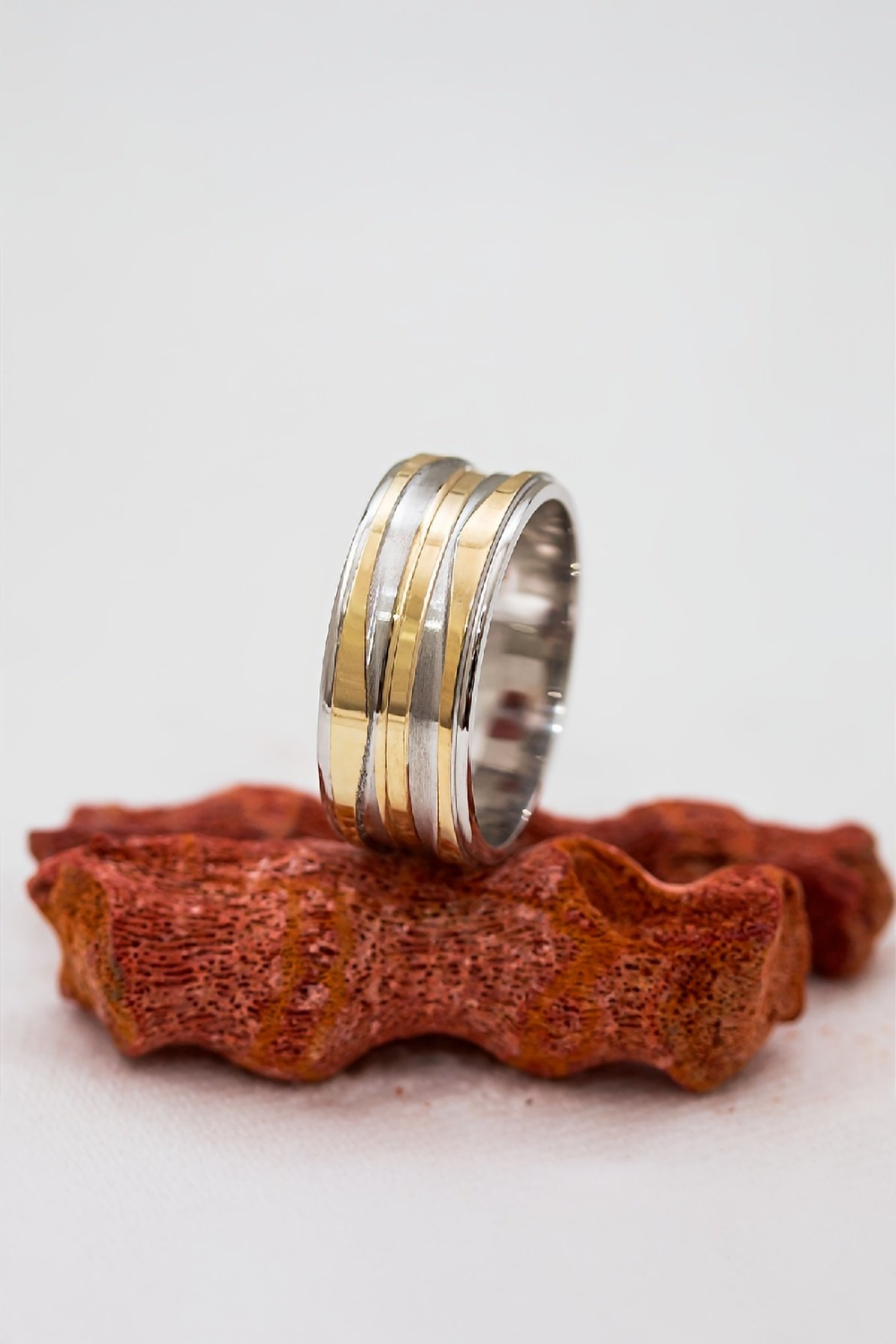 Düz Şeritli Altın Renk Geçişli Unisex Gümüş Alyans