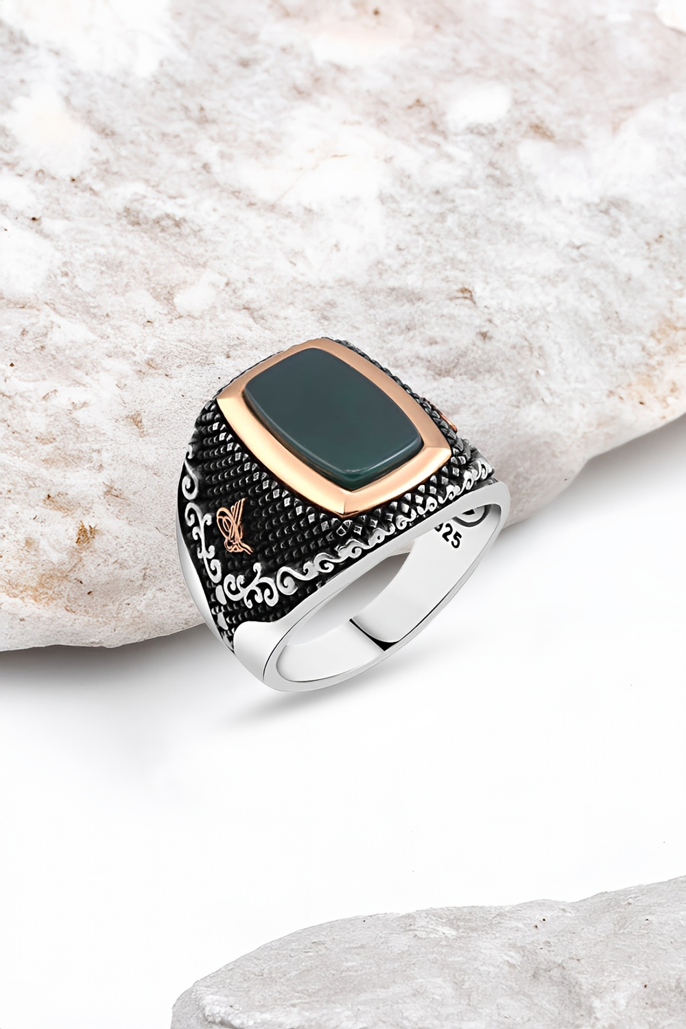 Düz Yeşil Akik Taşlı Gümüş Erkek Yüzük