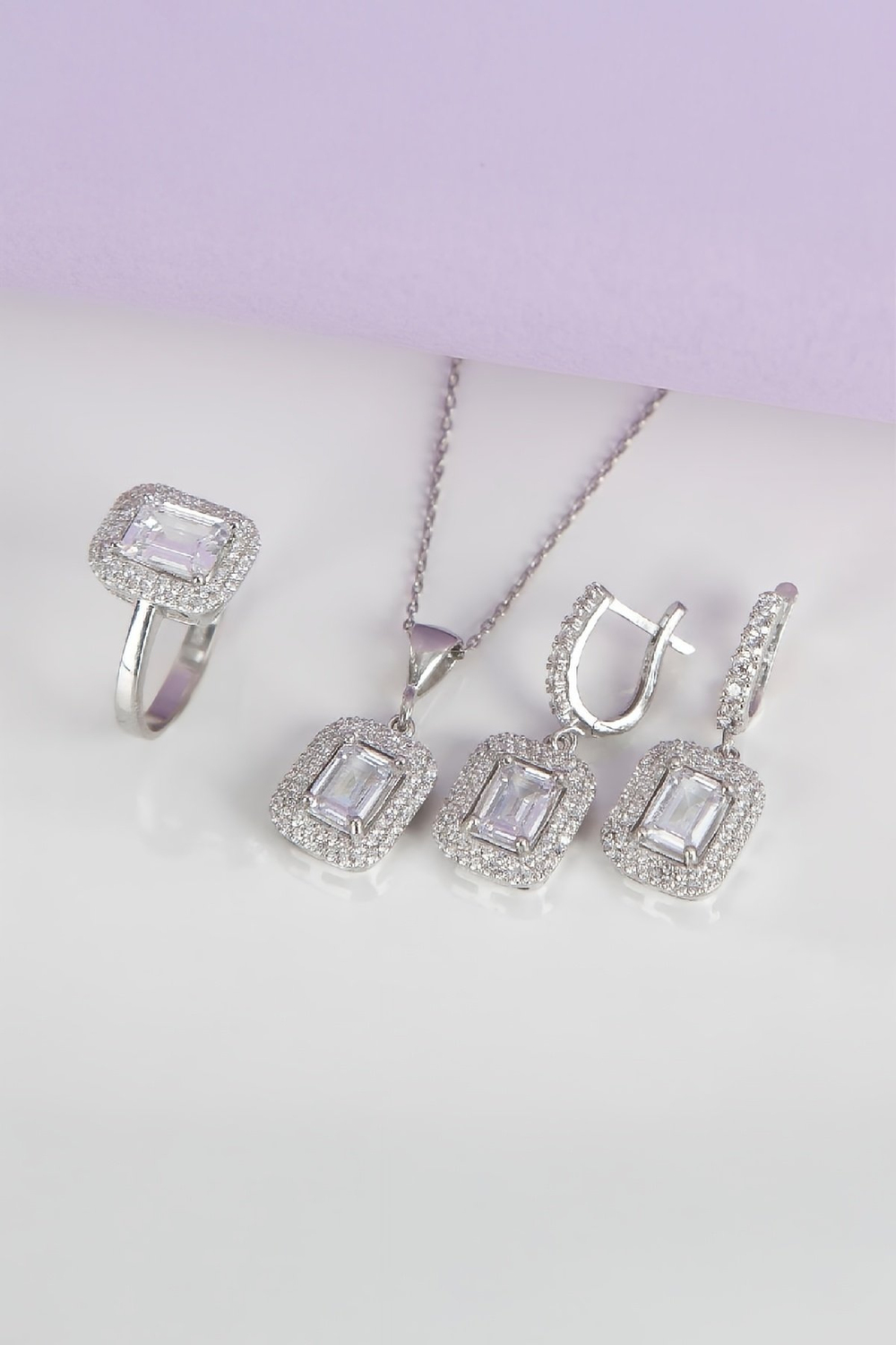 Full Zirkon Taşlı Rodyum Kaplama 925 Ayar Gümüş Bayan Takı Seti