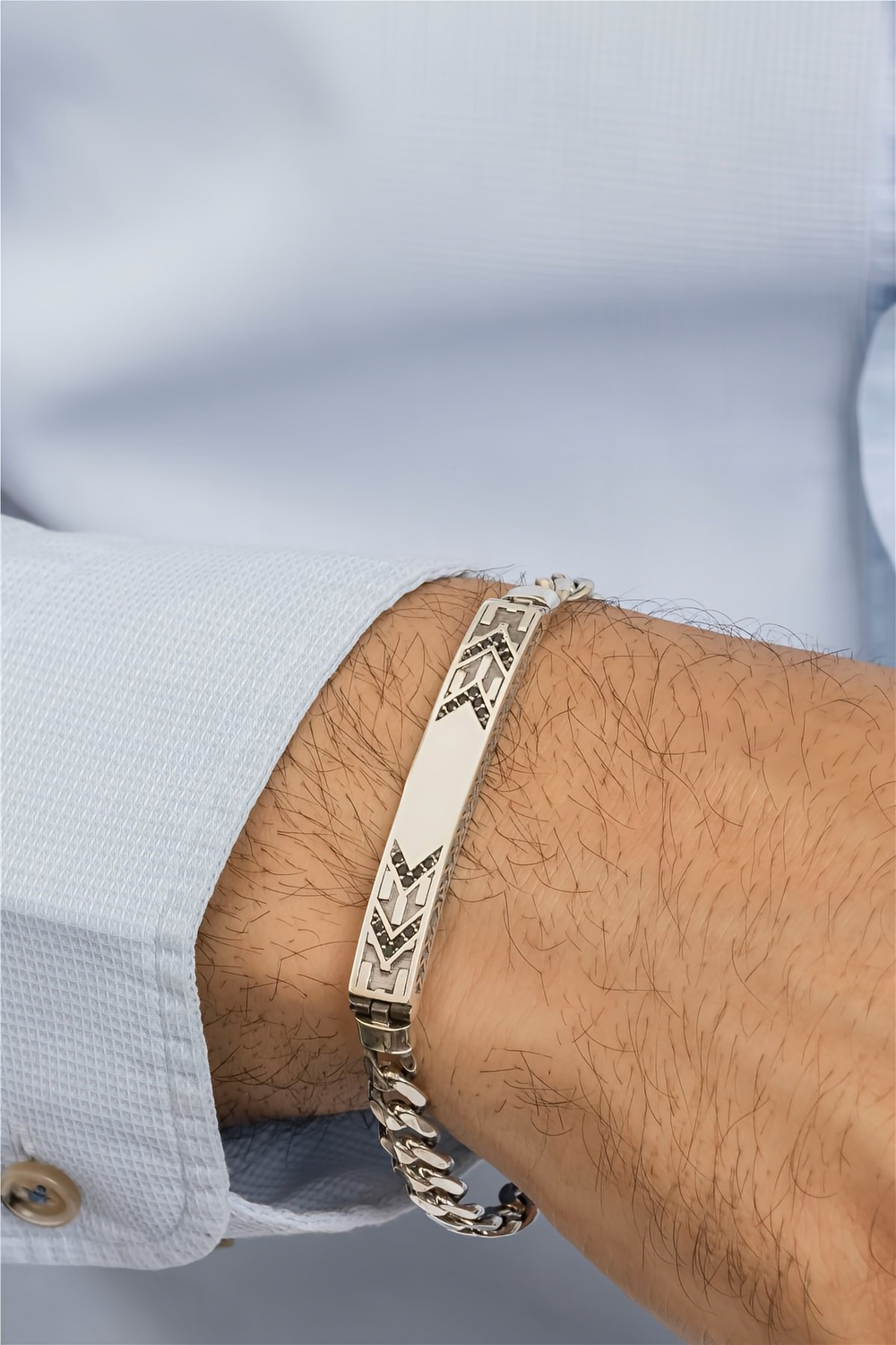 Geometrik Desenli Plaka Tasarım Gümüş Erkek Bileklik