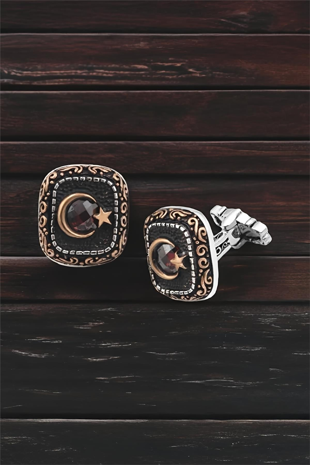 Gümüş Ay Yıldızlı Zirkon Taşlı Kol Düğmesi