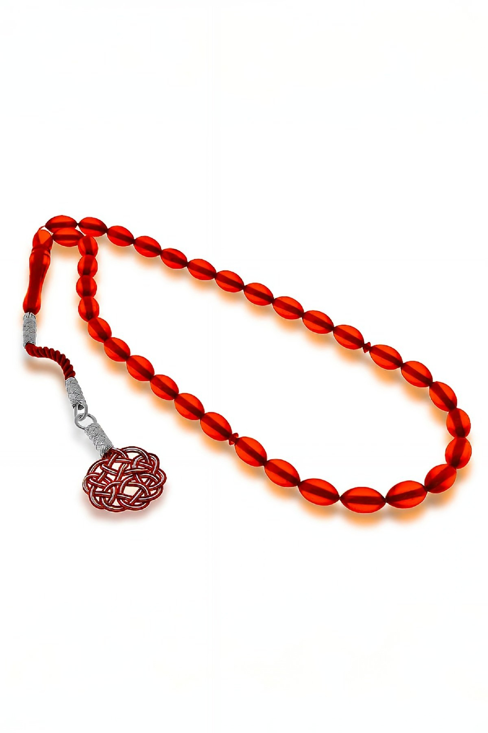 Gümüş El İşi Kazaz Püsküllü Turuncu Renk Sıkma Kehribar Tesbih