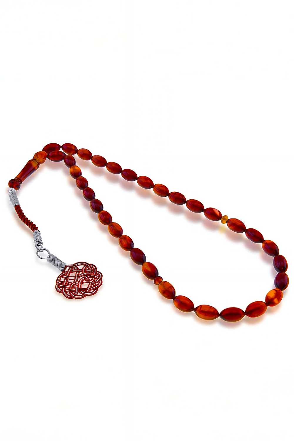 Gümüş El İşi Kazaz Püsküllü Turuncu Sıkma Kehribar Tesbih