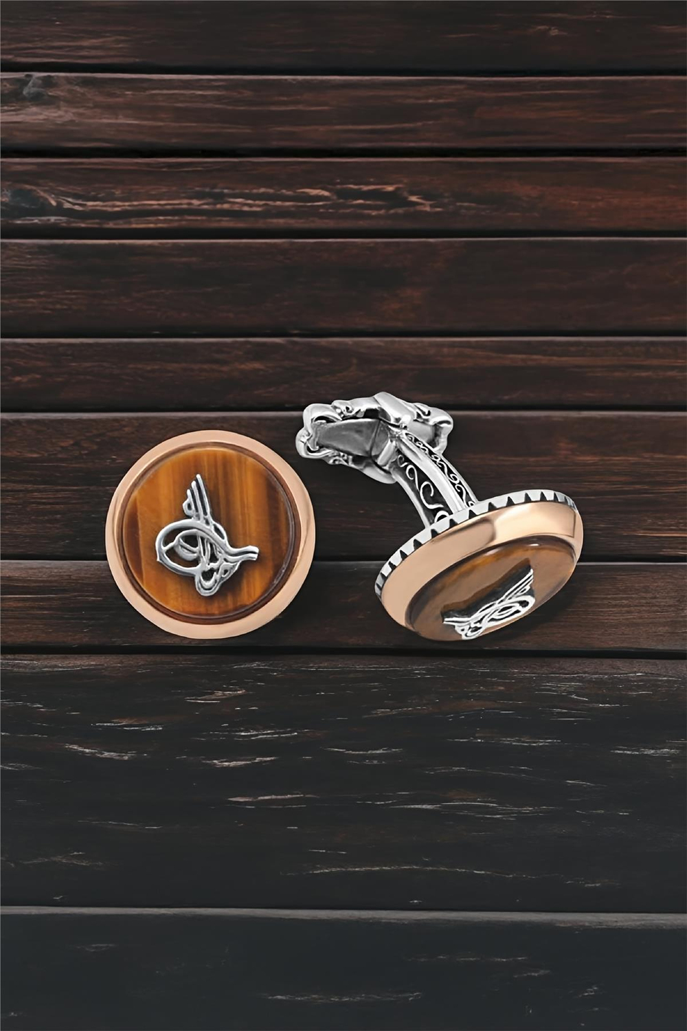 Gümüş Kaplan Gözü Taşlı Osmanlı Tuğralı Kol Düğmesi