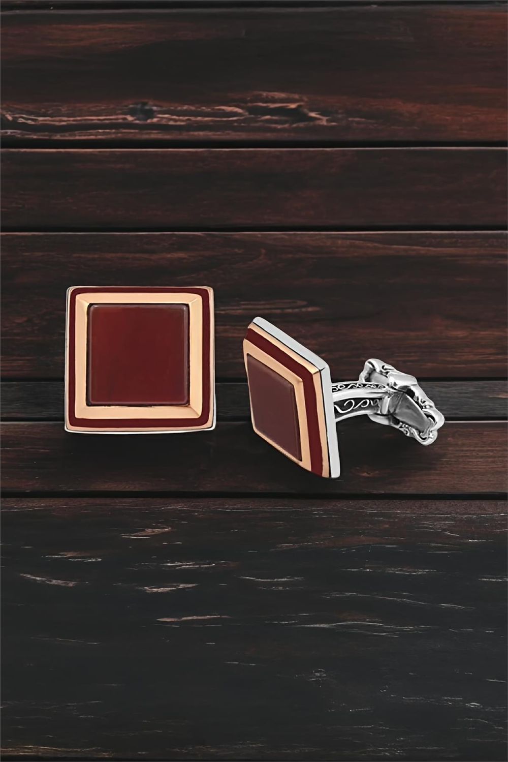 Gümüş Kırmızı Akik Taşlı Kol Düğmesi