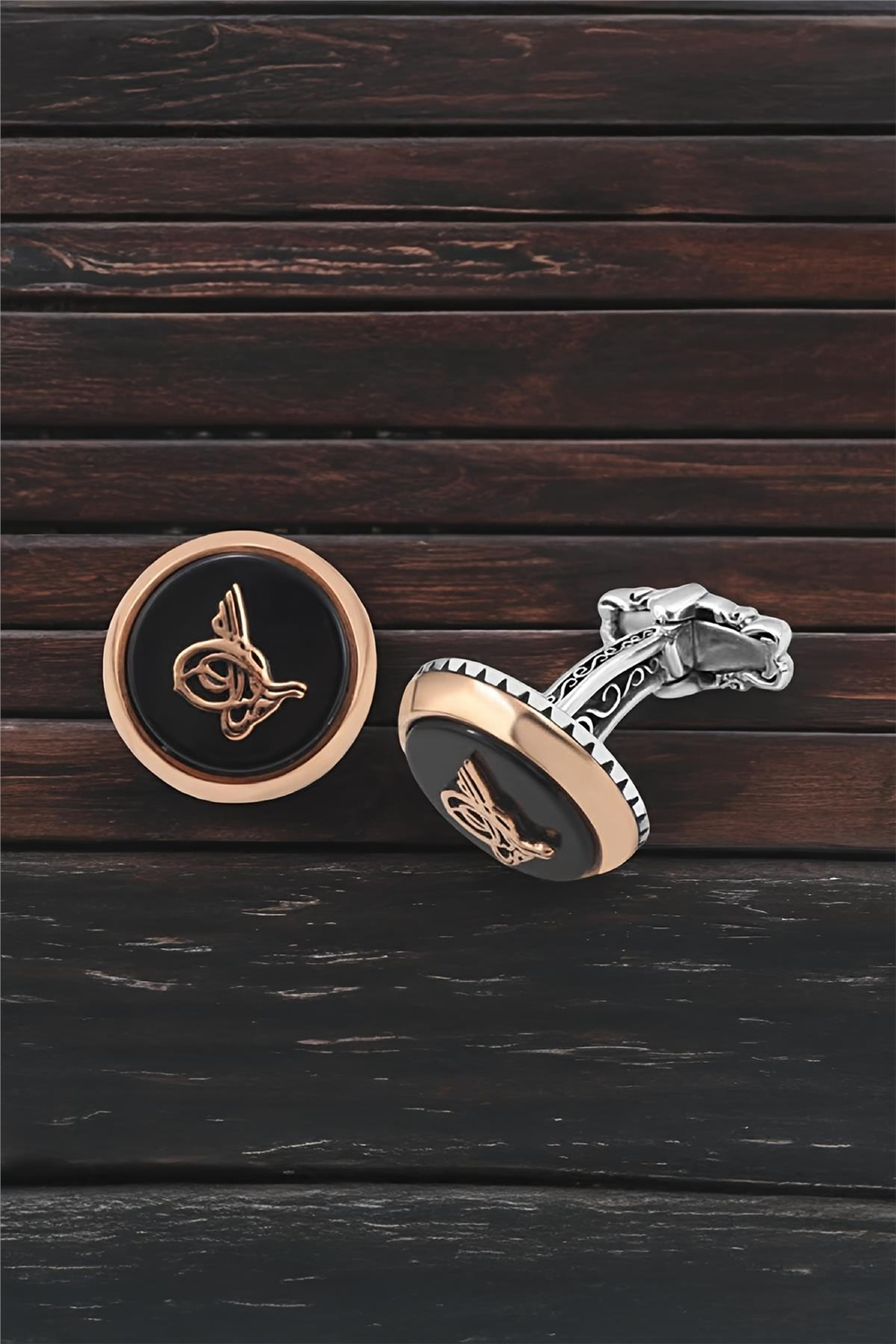 Gümüş Siyah Onix Taşlı Osmanlı Tuğralı Kol Düğmesi