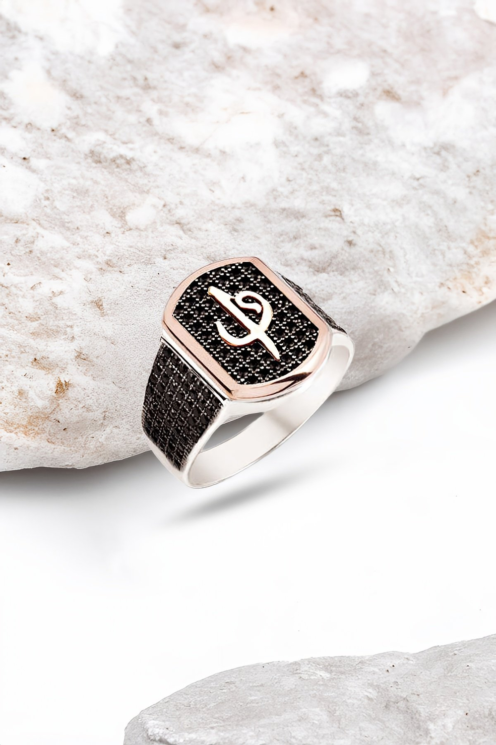 Gümüş Siyah Zirkon Taşlı Elif Vavlı Erkek Yüzük