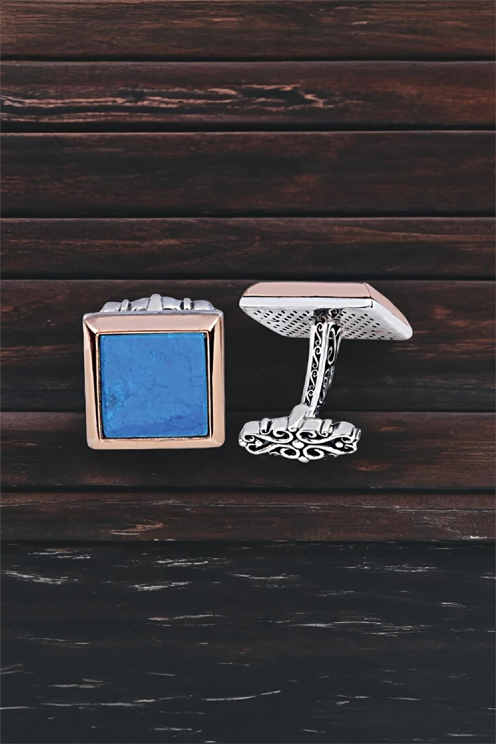 Gümüş Turkuaz Taşlı Kare Kol Düğmesi