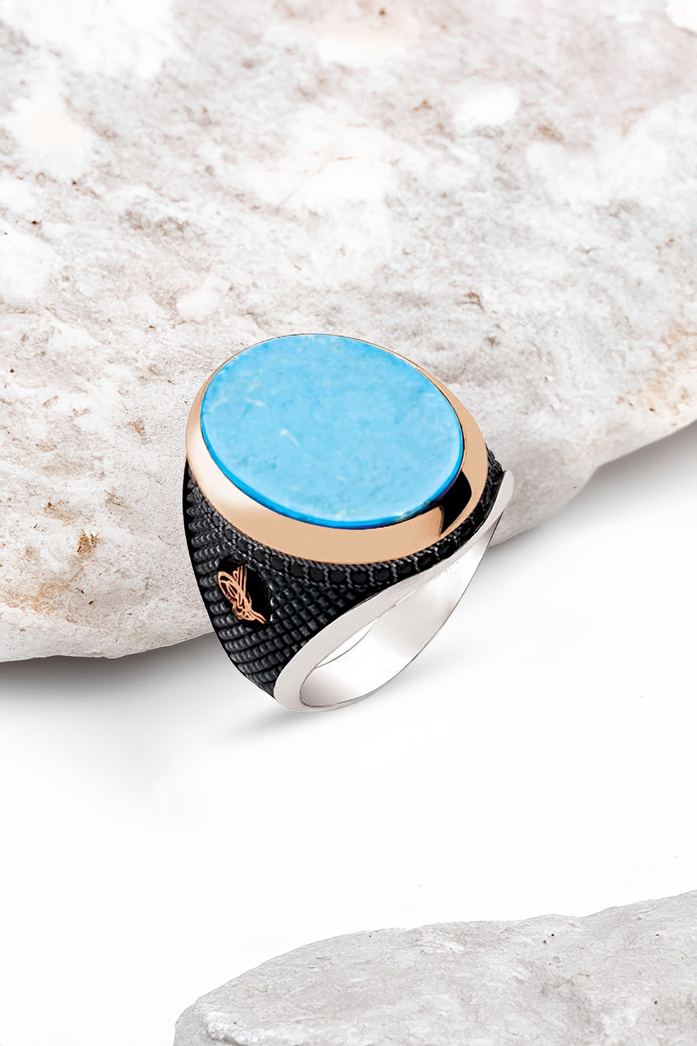 Gümüş Turkuaz Taşlı Motifli Erkek Yüzük