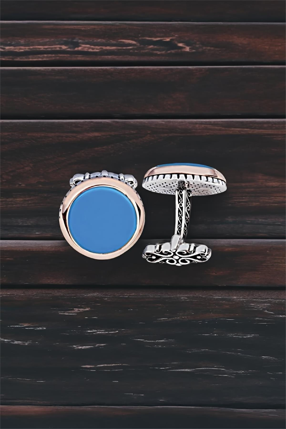 Gümüş Turkuaz Taşlı Yuvarlak Model Kol Düğmesi