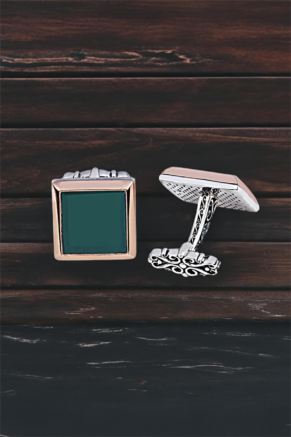 Gümüş Yeşil Akik Taşlı Kare Kol Düğmesi