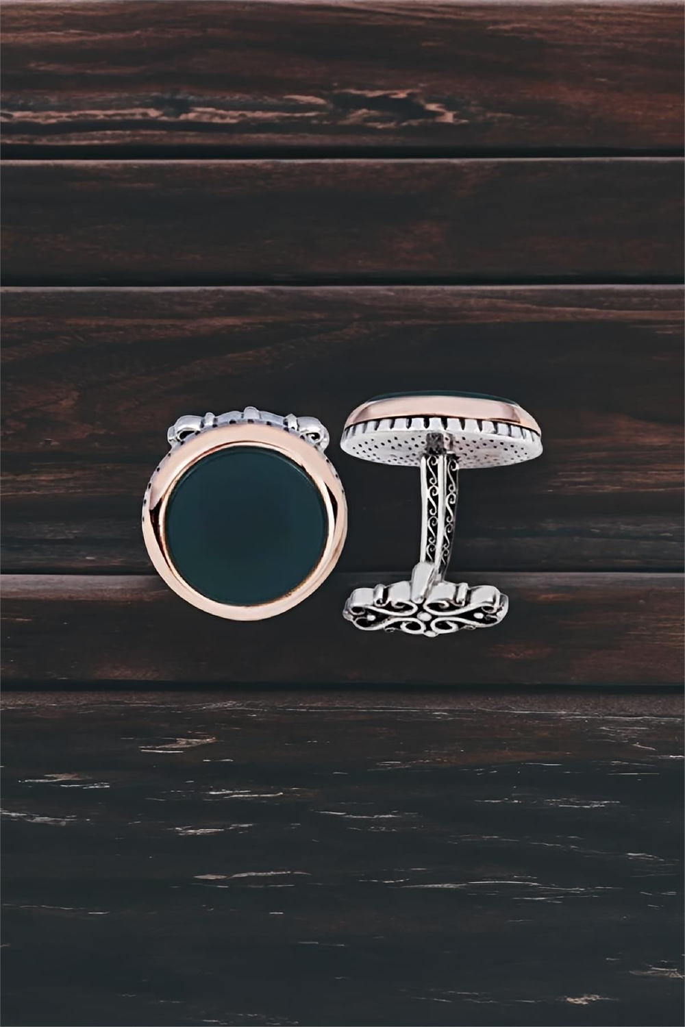 Gümüş Yeşil Akik Taşlı Yuvarlak Model Kol Düğmesi