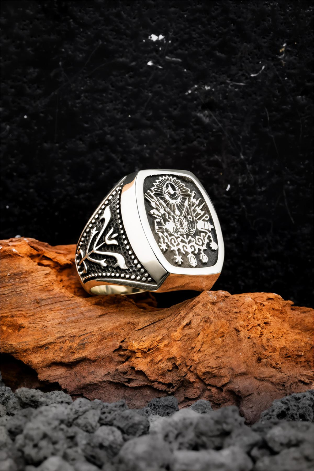 Karartmalı Osmanlı Devlet Arması Düz Gümüş Erkek Yüzük