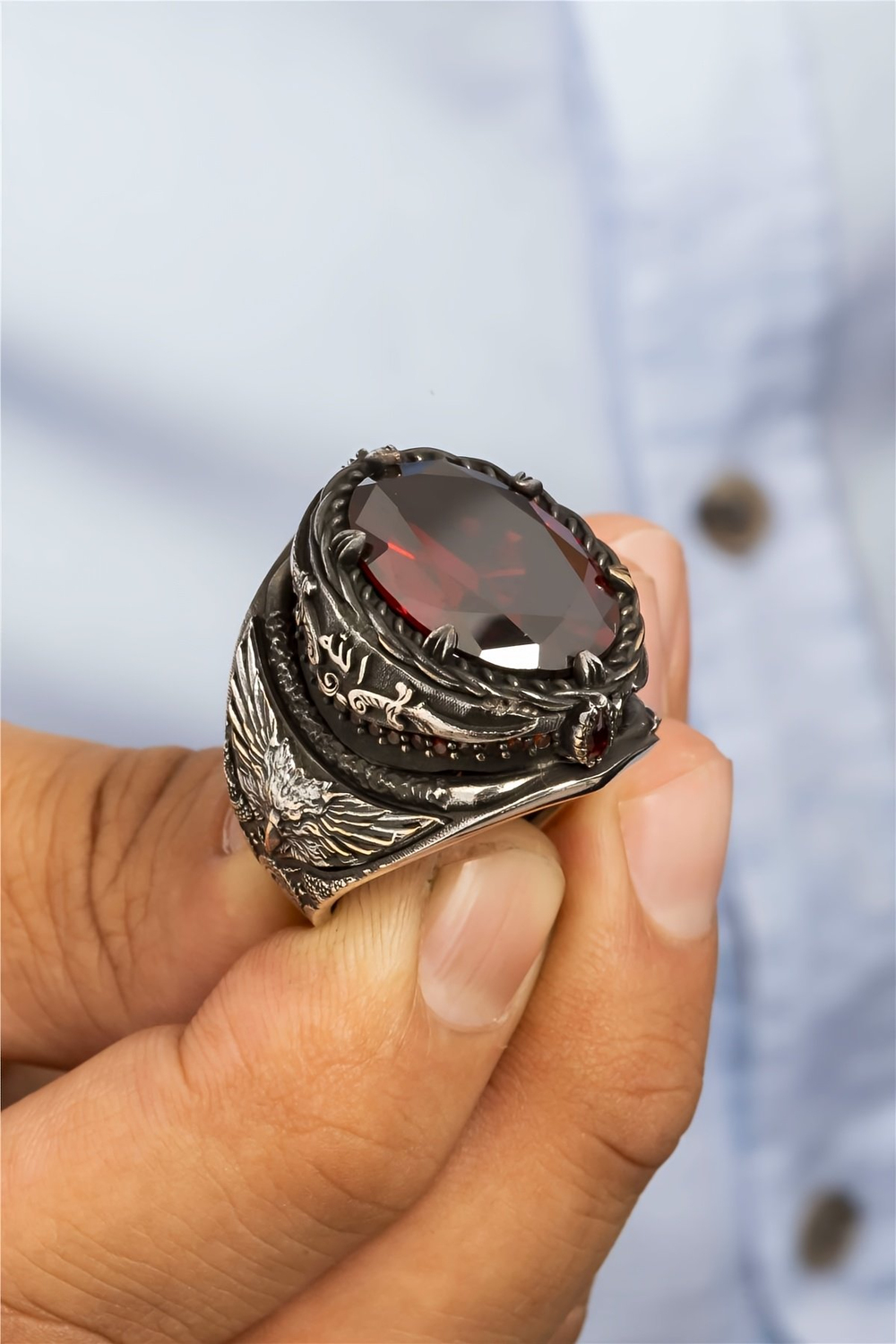 Kırmızı Zirkon Taşlı Kartal ve Kılıç Motifli Gümüş Erkek Yüzük