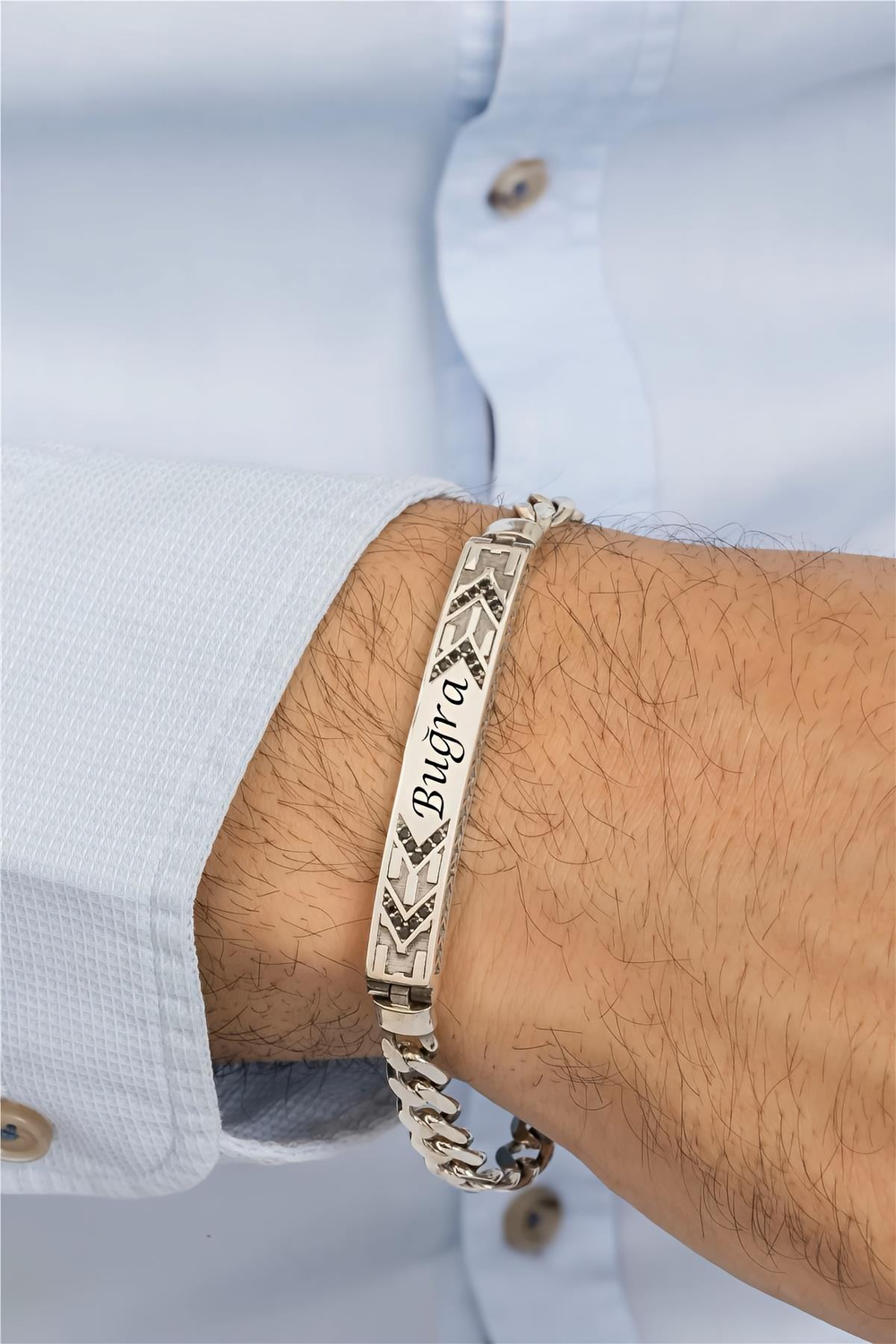 Kişiye Özel İsimli Geometrik Plaka Tasarım Gümüş Erkek Bileklik