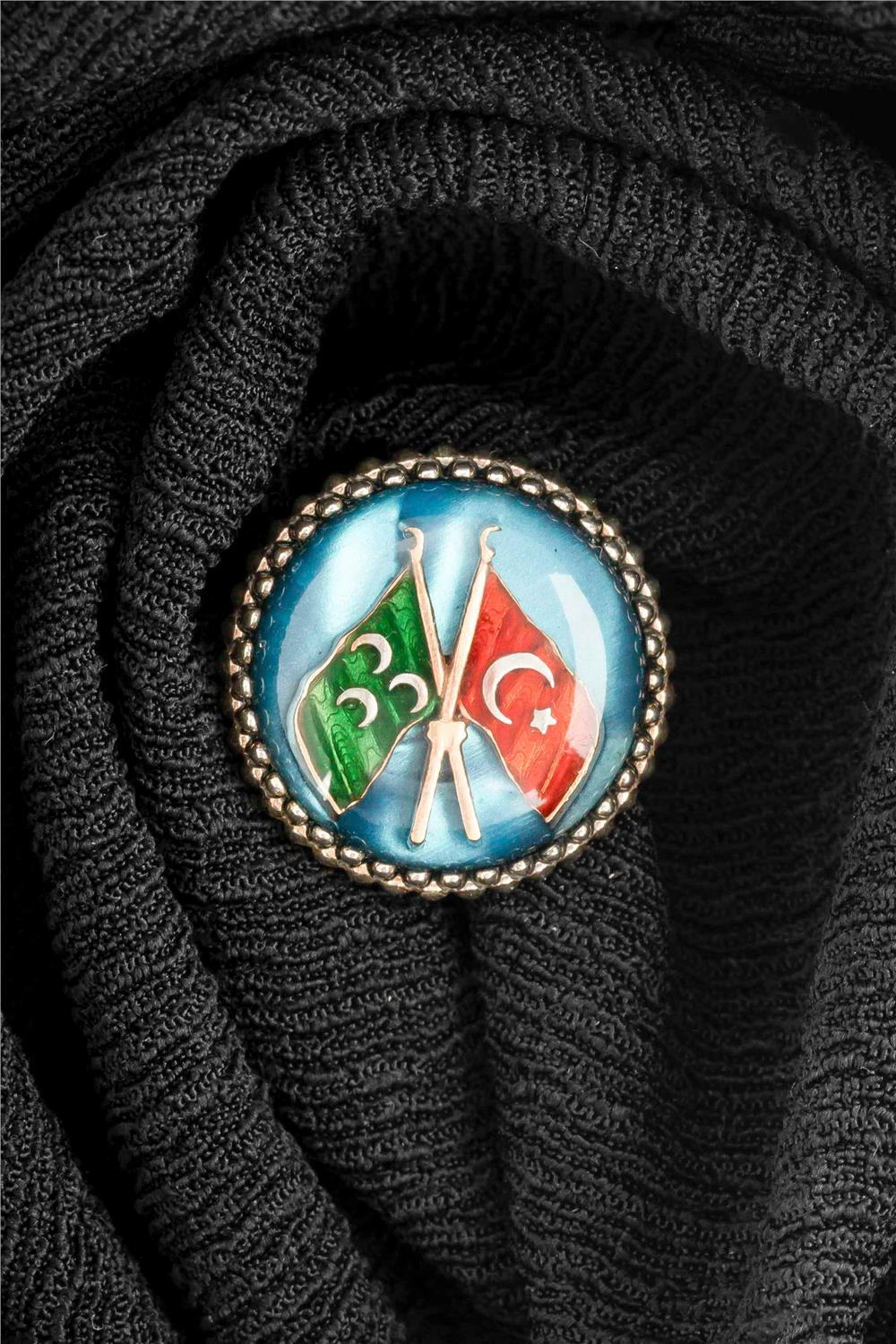 Mavi Mineli Osmanlı ve Türk Bayraklı Gümüş Rozet