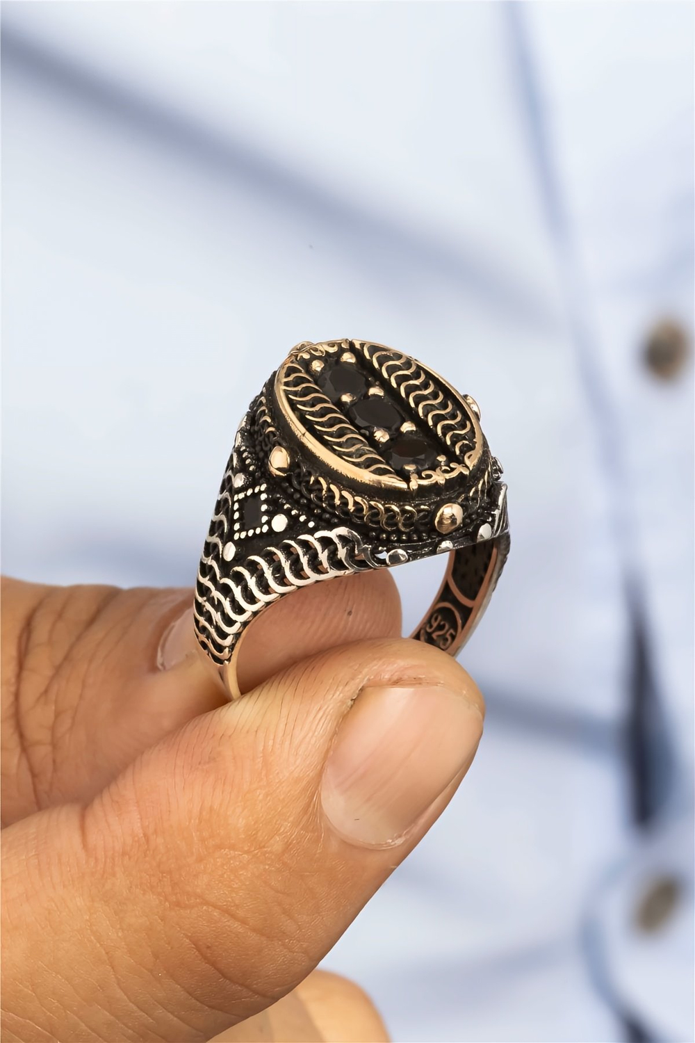 Oval Siyah Oniks Taşlı İnce Kordon Gümüş Erkek Yüzük