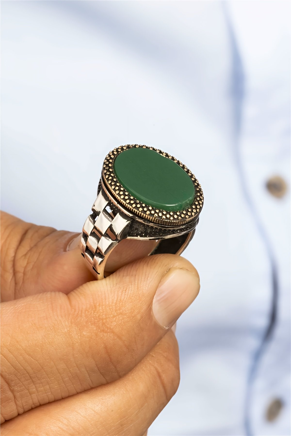 Oval Yeşil Akik Taşlı Kordon Motifli Gümüş Erkek Yüzük