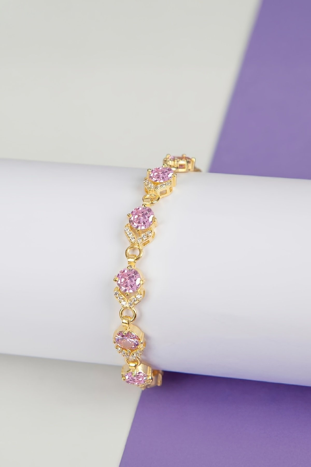 Pembe Zirkon Taşlı Altın Kaplama 925 Ayar Gümüş Su Yolu Bayan Bileklik