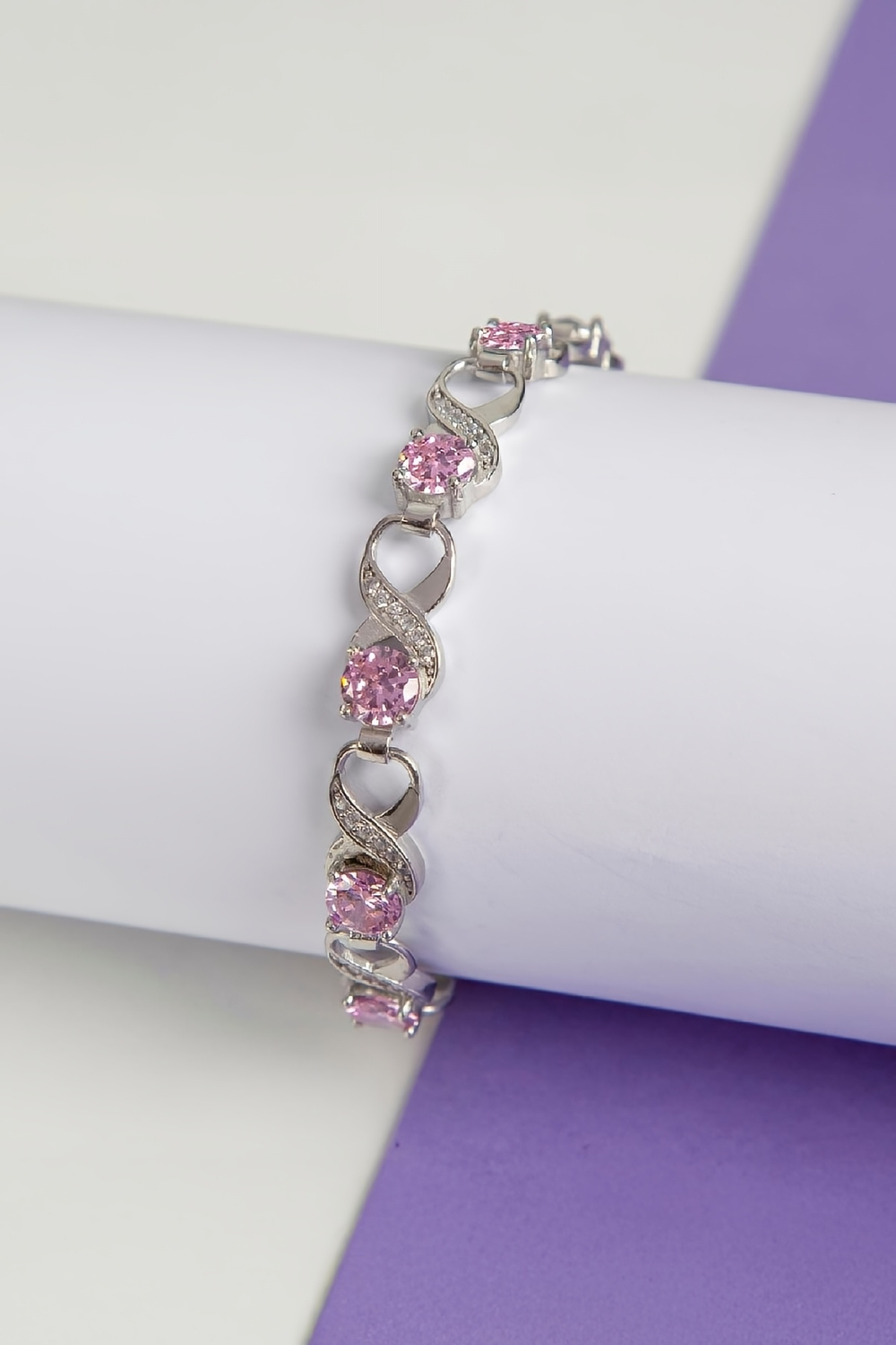 Pembe Zirkon Taşlı Rodyumlu 925 Ayar Gümüş Su Yolu Sonsuzluk Bayan Bileklik