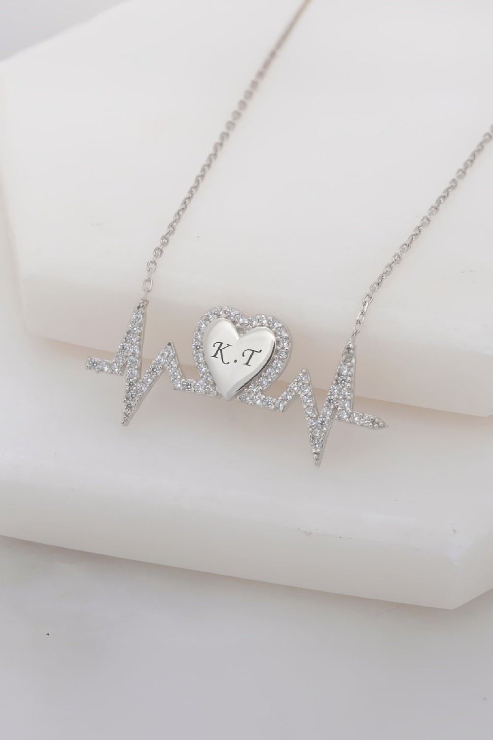 Rodyumlu Çift Harfli Kalp Atışı Gümüş Bayan Kolye