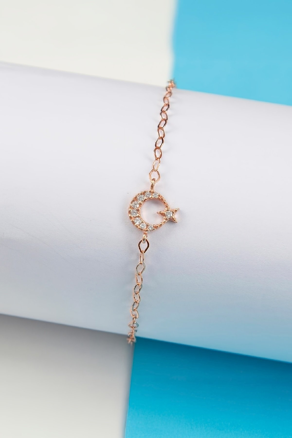 Rose Renk Zirkon Taşlı 925 Ayar Gümüş Minimal Ayyıldız Bayan Bileklik